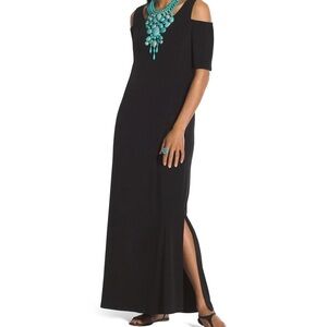 Chicos Cold shoulder maxi dress black size  3 slit on one side elbow sleeves